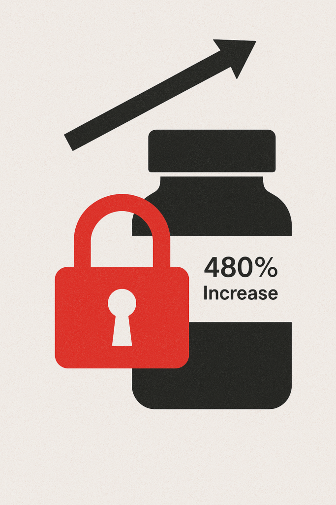 Black silhouette of a jar with a red padlock and an upward arrow, showing a 480 percent increase.