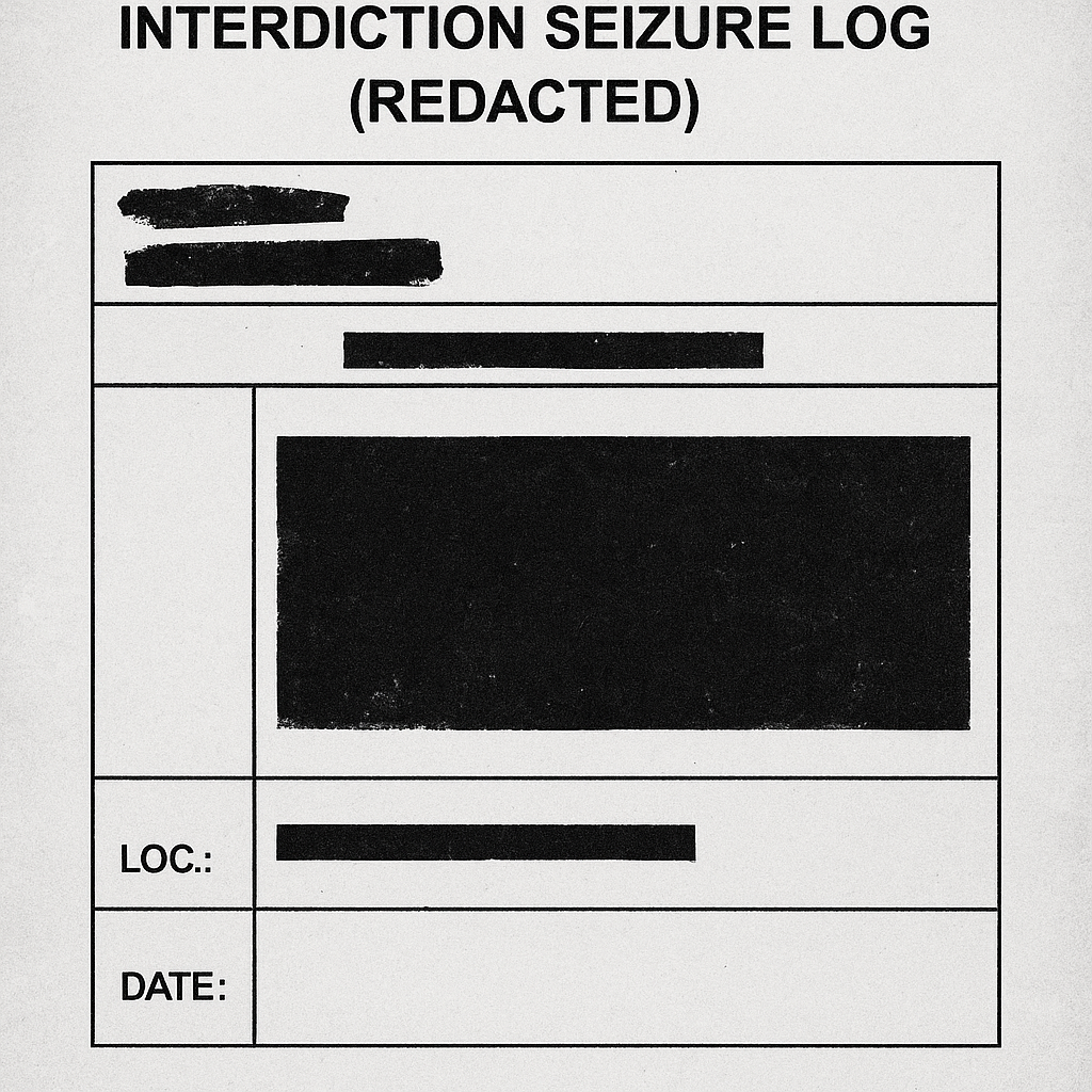 Document-style graphic titled ‘ Interdiction Seizure Log (Redacted)’ with blacked-out lines and the text ‘Loc:' and 'Date:’