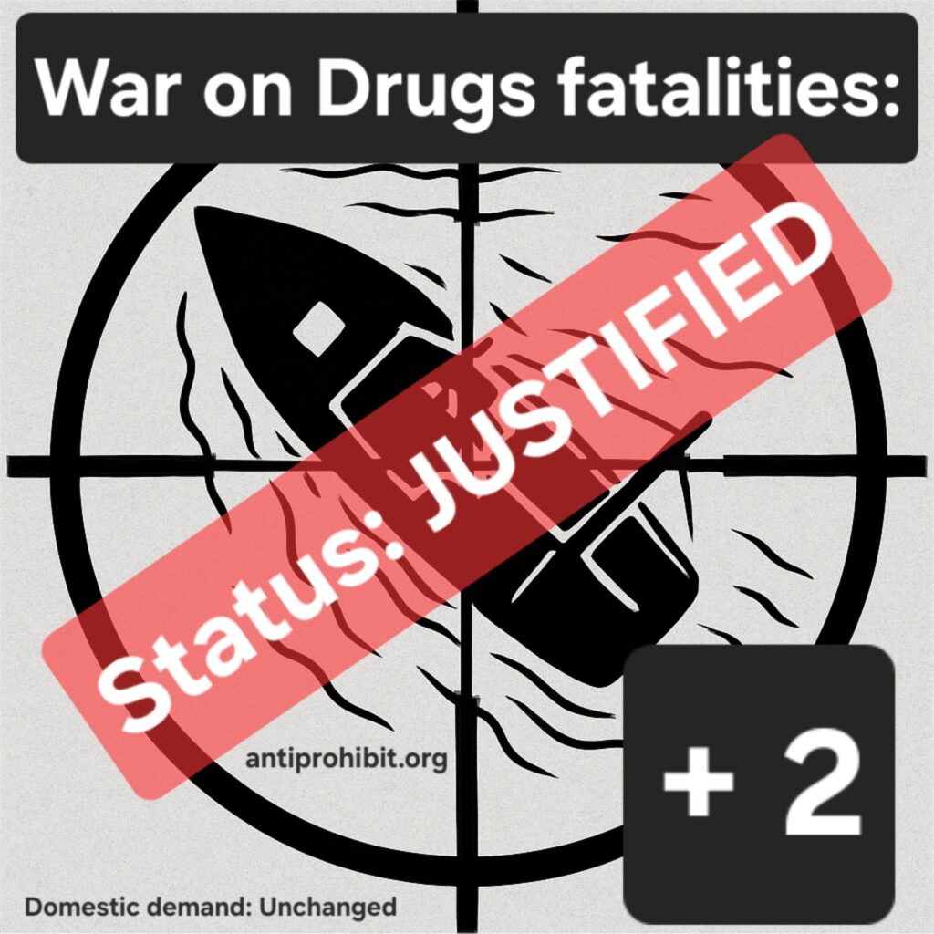 Graphic showing a fishing boat inside crosshairs with the text ‘War on Drugs fatalities’ and ‘Status: Justified.’